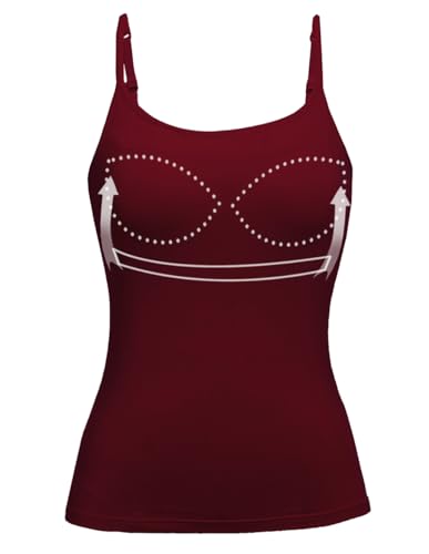 Women's Basic Solid Adjustable Spaghetti Strap Tank Top Stretch Camisole with Built-in Bra(L,Wine)