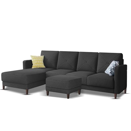 Image of Baloney LHS 6 Seater L Shape Sofa Set with Center Table for Living Room (Black Fabric) Premium Fabric Sofa