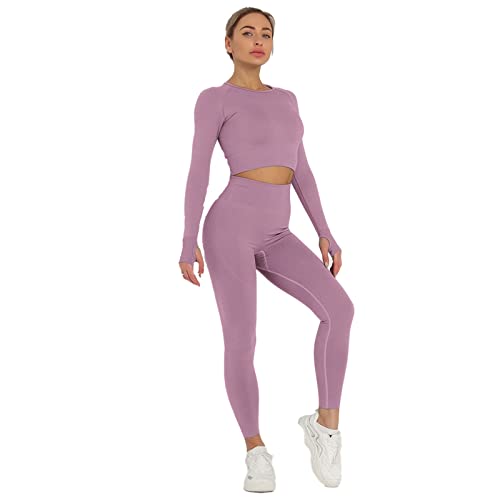 Vêtement de Yoga Ensemble de Sport Femme Stretch 2 Pièces sans Couture Haut Manches Longues et Taille Haute Pantalon Legging Tenue de D'entraînement Costume Gym Athlétique Fitness Jogging Cover