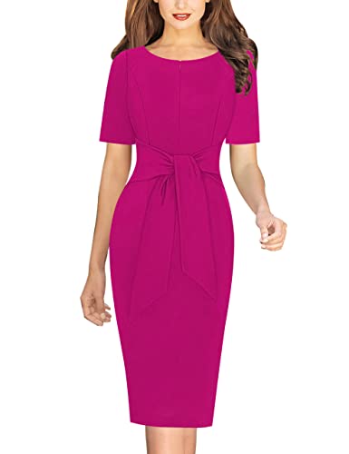 Vfshow Womens Hot Pink Front Zipper Tie Waist Bow Belted Slim Wear To Work Business Office Bodycon Pencil Dress 9258 Hpik S #TOP1