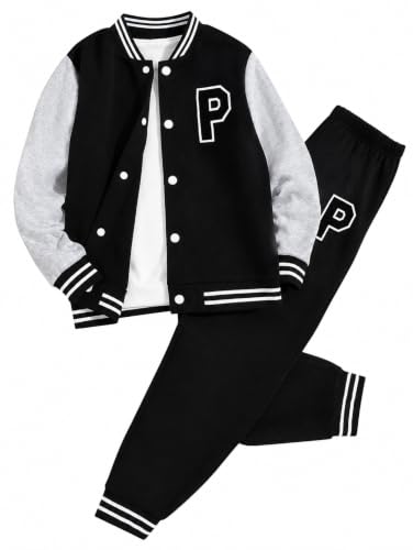 Image of Cakaner Boys Color Block Button Down Shirt and Jogger Pants Button Up Sweatsuits Sets (Size: 5-12T)