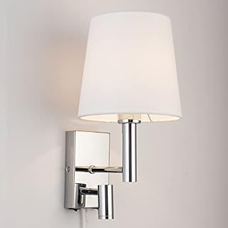 HARPER LIVING Plug-in Wall Light with LED Reading Light, On/Off Switches Included, Polished Chrome Finish, Cylinder Shape, Fabric Shade (White Shade)
