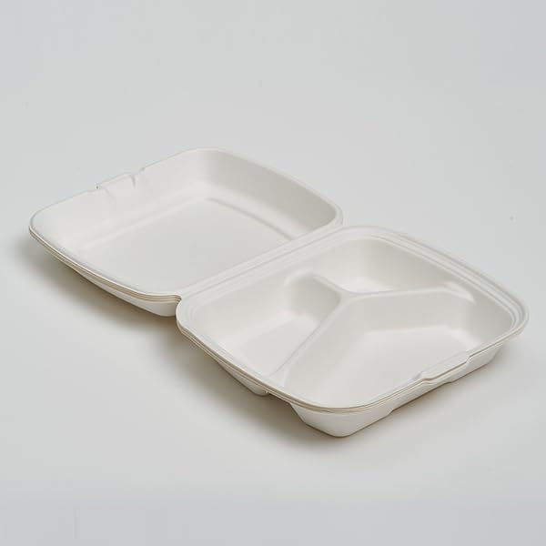 Clamshell Take Out Food Container 300 Pack, 9X8 3-compartment Compostable Food Container, Disposable To Go Boxes, Made From Eco-Friendly Biodegradable Sugarcane Fibers