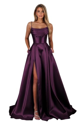 Satin Prom Dresses with Slit 2025 Spaghetti Straps Cowl Neck Formal Dress A Line Ball Gowns with Pockets XOD0465