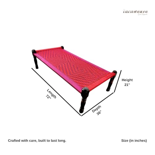 FURNWEAVE Solid Sheesham Wood Handmade Rajasthani Charpai | Cotton Rope Khatiya Charpai Single Bed Without Storage | Wooden Cot Bed | Khatiya-Khaat | 6X3 Feet | Color - Red Pink