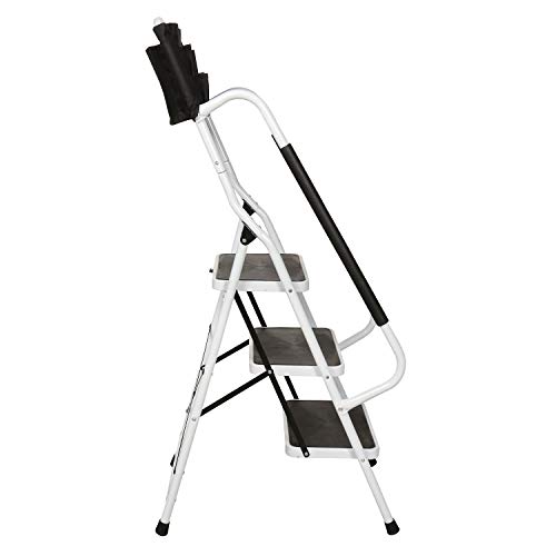 SUPPORT PLUS Folding 3-Step Safety Step Ladder - Padded Side Handrails - Attachable Tool Pouch Caddy