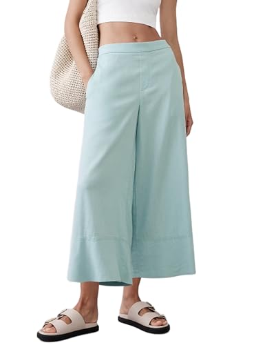 Women's Linen Wide Leg Pants Elastic Waist Loose Work Pants Cropped Palazzo Trousers with Pockets