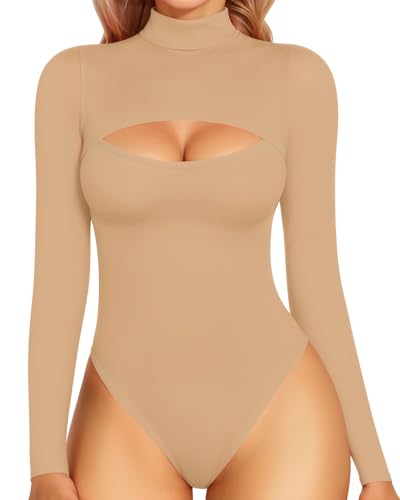 MANGOPOP Mock Neck Cutout Front T Shirt Long Sleeve Short Sleeve Bodysuit for Women