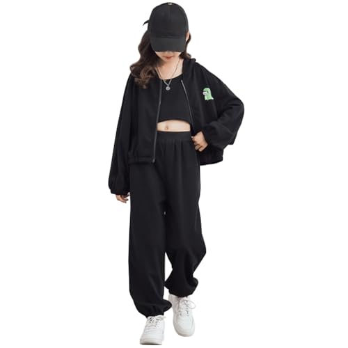 SXSHUN Kinder Mädchen Jogginganzug Trainingsanzug 3tlg Bekleidungsset Sportanzug (Sweatjacke+Top+Sporthose) Atmungsaktives Schwarz 134-140