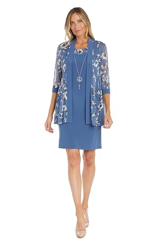 Image of R&M Richards Women's Sheath Dress W /Floral Print Sheer Jacket & Detachable Necklace | Elegant 2-Piece Formal Ensemble