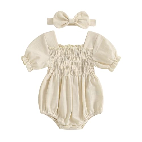 Image of MERSARIPHY Baby Summer Clothes Newborn Infant Girl Smocked Pleated Romper Bubble Short Sleeve Bodysuit Outfits