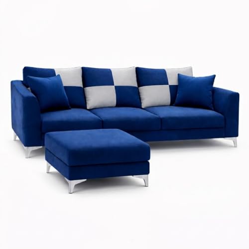 Image of Romeo Rich 4 Seater L Shape Sofa Set with Movable Ottomans | Flexible Layout | Velvet Suede Fabric | Golden Aesthetic Legs | Modern Sofa for Living Room (Dark Blue)