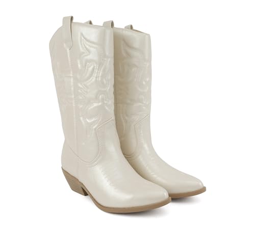 Image of Soda inchTELLER inch ~ Women's Western Cowboy Boots with Stitched Detailing, Pointed Toe, and Low Block Heel
