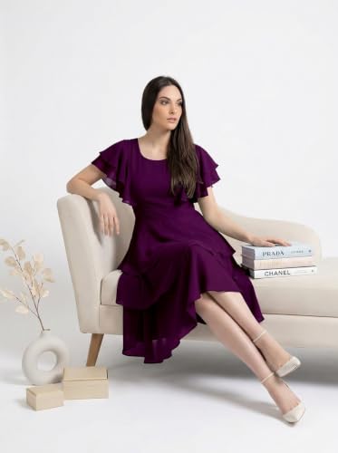 Image of Women Layered Georgette Fit & Flare Midi Dress | Round Neck Flutter Sleeve Knee Length Dress | Tiered Party Dress for Women Evening and Casual Styling