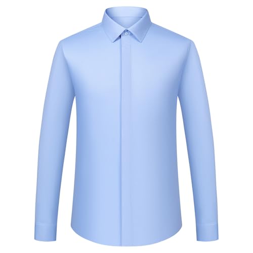 Men's Solid Color Long Sleeve French Cuff Dress Shirts, Hidden Button Front, Includes Blue Gemstone Cufflinks
