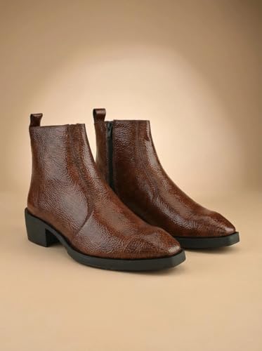 Image of Big Fox Men's Tan Textured Cuban Boots | Premium Ankle-Length Fashion Boots | Stylish, Durable & Comfortable