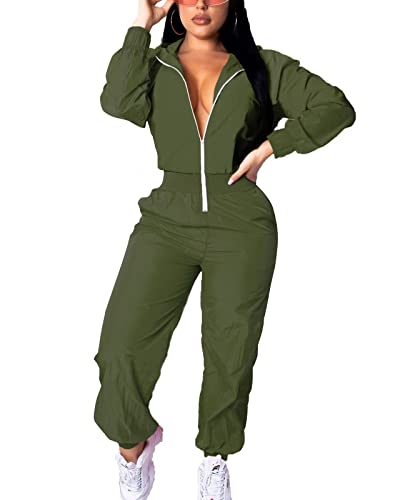 Eosiedur Women's One Piece Tracksuit Outfits Windbreaker Jacket Crop Top Pants Jumpsuit Set Army Green L #TOP6