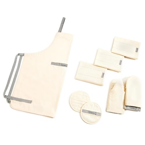 Caraway Linen Set – Apron, Pot Holders, Oven Mitts, & Tea Towels – 100% Organic Cotton – Durable, Machine Washable