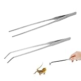 LuckyOpt 2Pcs Reptile Feeding Tongs with Rubber Tip, 10.6 Inch Stainless Steel Straight and Curved Extra Long Tweezers for Aquarium, Snakes, Turtles, Salamanders, Lizards Feeding (2 pcs)