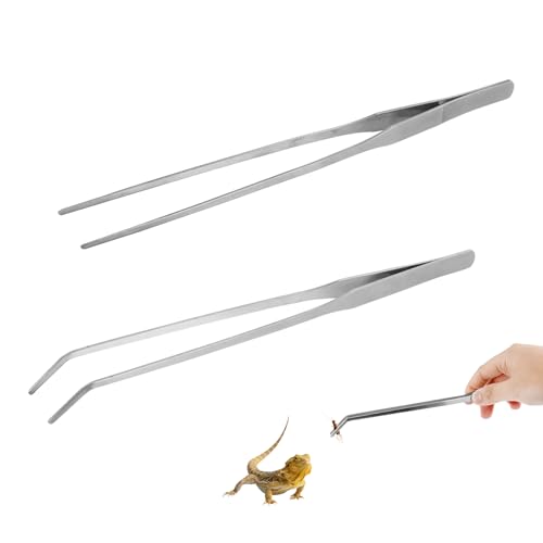 LuckyOpt 2Pcs Reptile Feeding Tongs with Rubber Tip, 10.6 Inch Stainless Steel Straight and Curved Extra Long Tweezers for Aquarium, Snakes, Turtles, Salamanders, Lizards Feeding (2 pcs)