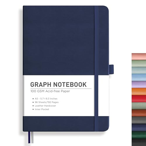 Image of RETTACY Graph Grid Paper Notebook, 192 Pages, A5 Size (5.7'' x 8.3'') | 5 Squares per Inch, Leather Hardcover, 100 GSM Thick Paper, for School, Students, Math, Engineering (Navy blue)