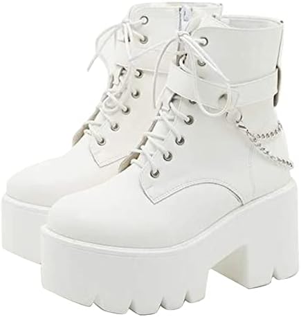 CYNLLIO Women's Ankle Boots Chain Gothic Platform Boots White Chunky Heel Booties
