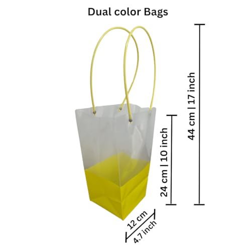 Image of Oasis Pack Of 10 Multipurpose Medium Size Waterproof Bags With Handles For Floral Arrangement - Retail ,Bulk, Florist Supply, Gift Hamper Bags For Rakhi, Birthday, Diwali, House Warming, Party Favour | 26 cm X 24cm X 12cm - Transparent Dual Color Yellow