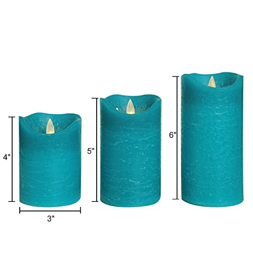 Image of CANDLE CHOICE Battery Operated Flameless Candles with Timer Real Wax Realistic Flickering Electric LED Pillars Automatic Built-in Daily Cycle Timer 6-Hour on 18-Hour Off Set of 3 Rustic Texture Teal