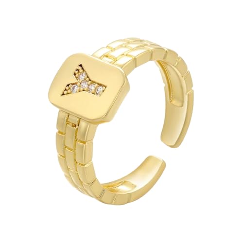 New 2026 Trendy Hiphop Adjustable Gold Plated Zircon A-Z Letter Ring Watchband Square Statement Color Initial Vj119 Jewelry Gift Fashion Accessories Creative - Main Image