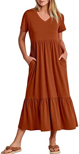 ANRABESS Women’s Summer Casual Short Sleeve V Neck Swing Dress Casual Flowy Tiered Maxi Beach Dress with Pockets