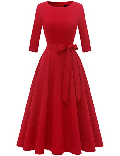 DRESSTELLS Vintage Tea Dress for Women, 3/4 Sleeves Cocktail Party Dresses, Fit Flare Aline Swing Chic Dress, 1950s Rockabilly Retro Stretchy Dress, Church/Prom/Work Red L