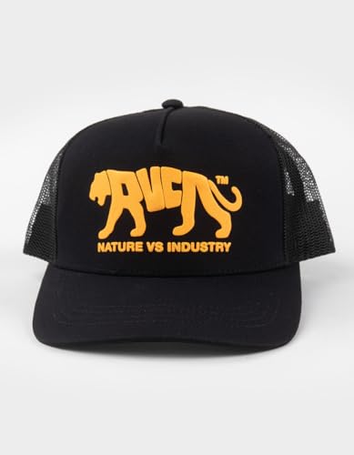 Image of RVCA Men's Curved Brim Trucker Hat, Structured Hat with Curved Bill, Adjustable Snapback Closure (US, Alpha, One Size, Black (Big Cat))