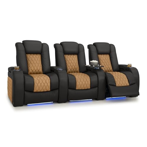 Image of Seatcraft Diamante Black /Tan Oak Italian Leather Home Theater Seating, Zero Gravity Power Recliner, Gaming and Home Office Chair, Powered Headrest Furniture for Family Cinema Room, Row of 3