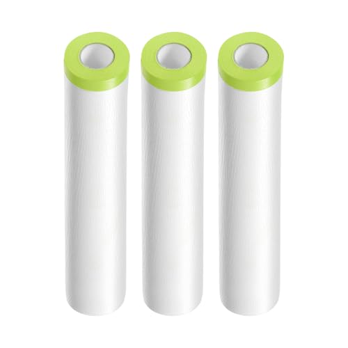 Image of HARFINGTON 3 Rolls Pre-Taped Masking Film 118.1 inch x65.6ft Tape and Drape Painters Plastic Drop Cloth Film with Tape Plastic Sheeting for Automotive Painting Covering, Green