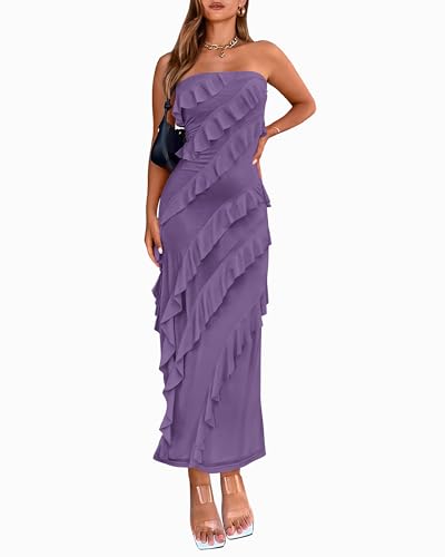 BTFBM Women Summer Elegant Strapless Midi Ruched Bodycon Dress Solid Color Stretch Mesh Slim Party Cocktail Dresses