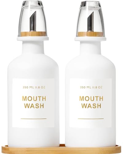 BONLONG 11.8OZ Mouthwash Dispenser for Bathroom with Bamboo & Stainless