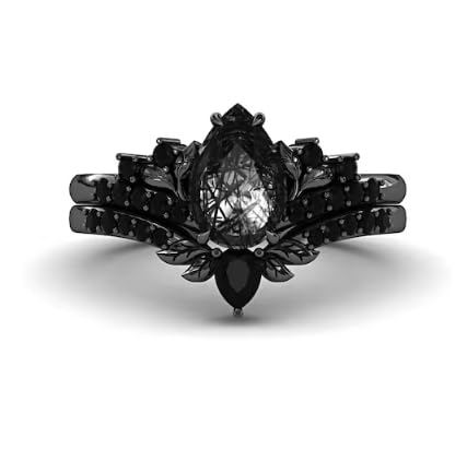 IVANKA Black Gold Rutilated Quartz Engagement Ring Set Women, 925 Sterling Silver Leaf Shaped Nature Inspired Gothic Black Stone Ring, Rutile Quartz Ring Set4