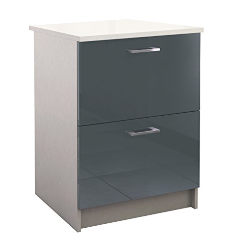 Berlioz Creations PRIMA PG6BCG Meuble Bas de Cuisine avec Plan de travail , 2 Tiroirs décors Gris Brillant 60 x 60 x 85 cm, Fabrication 100% Française