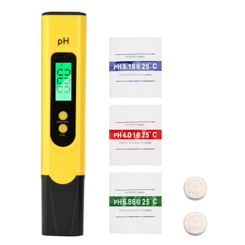 Aideepen Medidor de pH digital, pH 0-14 Medidor de pH de Agua con Pantalla LCD, Retroiluminación para Agua, Acuario, Piscina, Amarillo con Polvo de Calibración