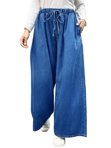 Baggy Wide Leg Jeans for Women Plus Size Loose Elastic Waist Long Denim Pants with Pockets Casual Drawstring