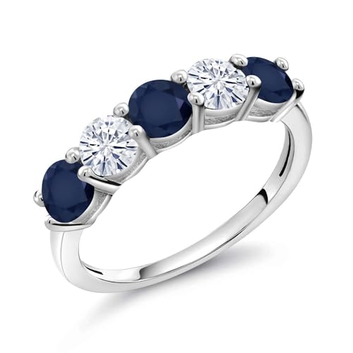 Gem Stone King 925 Sterling Silver Blue Sapphire and White Moissanite Wedding Band Ring For Women (1.07 Cttw, Round 3.5MM, Gemstone Birthstone, Available In Size 5, 6, 7, 8, 9)