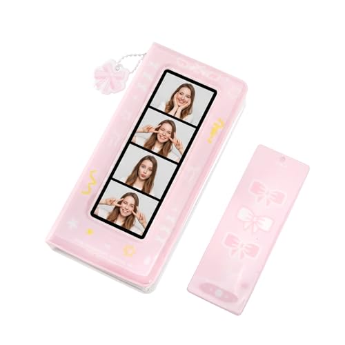 LIKEYO Photo Booth Album - Mini Photobooth Album Book Small Cute Bow Photocard Holder Book with 40 Pockets Pink Photo Binder Photobooth Picture Strip Holder for Wedding Anniversary Memories