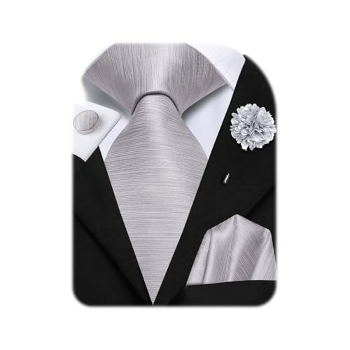 Image of Hi-Tie Men Silk Ties Set with Flower Lapel Pin Necktie Pocket Square Cufflinks for Tuxedo Wedding Business