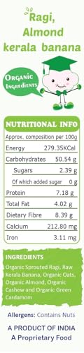 Image of TummyFriendly Foods Certified Organic Sprouted Ragi, Almonds, Raw Kerala Banana Porridge Mix | Made of Sprouted Ragi Powder, Almond Cereal Organic Baby Food for 8 Month. Sprouted for Calcium, Iron | Maximum Nutrition From Real Food | Available in Trial Baby Packs too | Shelf-life 9 month | 200g (RagiKeralaBanana200g)