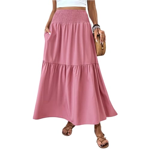 Rosa Langer Rock Damen Bohemien Maxirock Verstellbares Riemen Kleid Urlaub Sommerrock Leicht Und Luftig Strandkleider Elegant Boho A Linie Faltenrock...