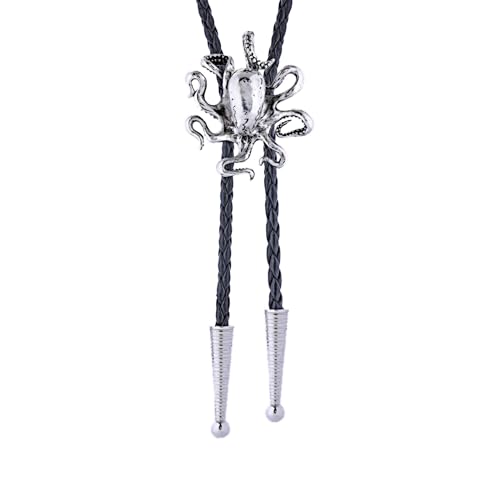 Popeoiuh Corbata de bolo vintage para hombres y mujeres, corbata de piel de vaquero occidental, hecha a mano, corbata de bola de vaquero, Corbata bolo de pulpo 3D plateada, Large