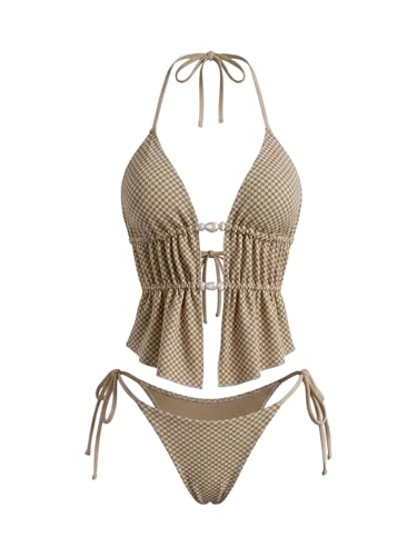 Image of RoseSeek Women's 2 Piece Boho Polka Dots Beaded Bikini Sets Sexy Swimsuits | Halter Swimsuits, Backless, Textured, Tie Side, Tankini Set, Bathing Suits, Summer, Vacation