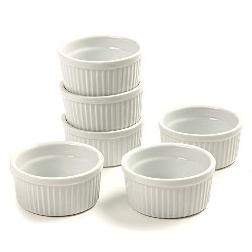 K BASIX 4.5 Oz. Porcelain Ramekins, Pudding Cups | Dipping Bowls | Souffle Dishes for Creme Brulee | Classic Style White Ramekins for Baking -Set of 6 - Oven Safe