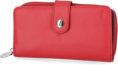 Nautica Be Shore Zip Around Wallet for Women RFID Vegan Leather Clutch, Bifold Organizer with Phone Holder, Card Slots, and Checkbook Pocket, Fuego Red