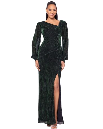 Betsy & Adam Women's Plus Size One-Shoulder Shimmer Long Sleeve Maxi Dress with Side Slit